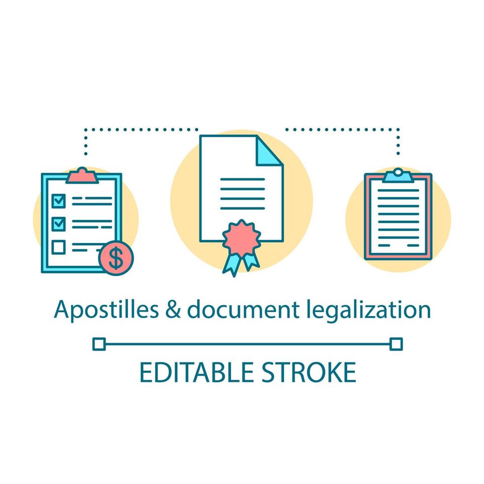 Translation services concept icon. Apostilles and document legalization idea thin line illustration. Legal paper and written text interpretation. Vector isolated outline drawing. Editable stroke