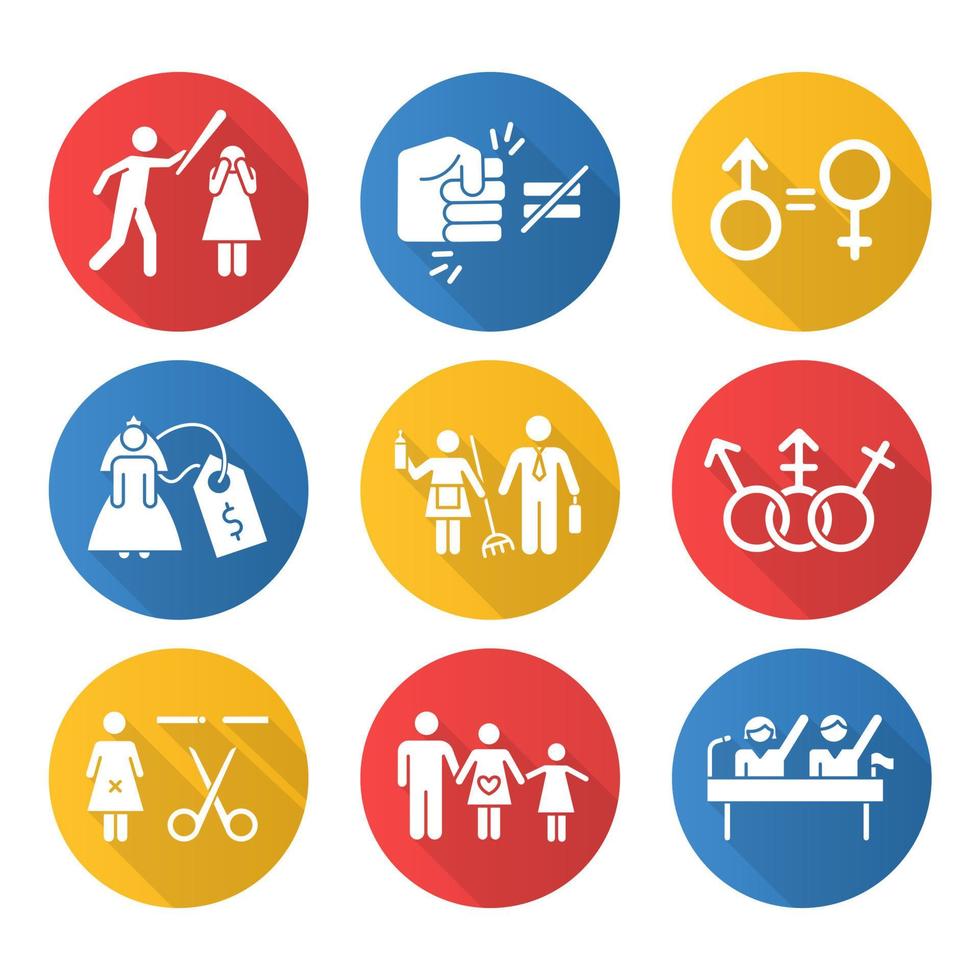 Gender equality flat design long shadow glyph icons set. Violance against woman. Gender stereotypes. Bride prize. Forced sterilization. Politic rights. Female abuse. Vector silhouette illustration