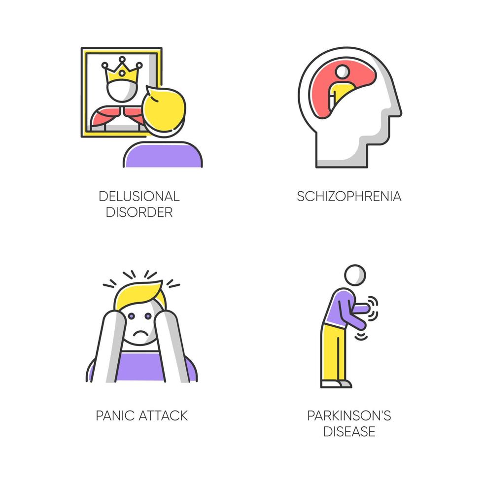 Mental disorder color icons set. Delusional person. Schizophrenia. Panic attack. Parkinson disease. Megalomania. Confused mind. Dementia. Tremor in movement. Isolated vector illustrations