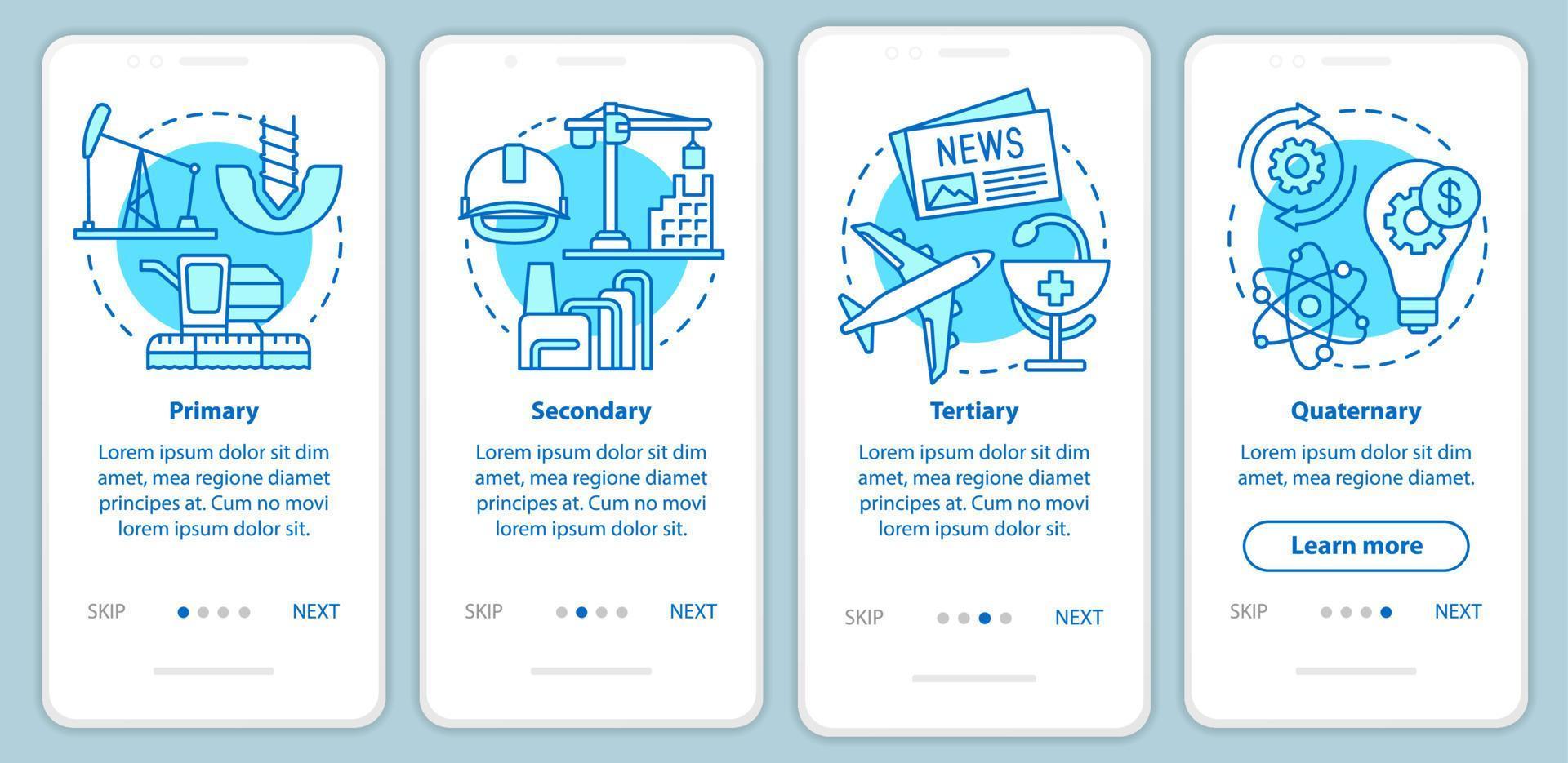 Manufacturing process blue onboarding mobile app page screen with linear concepts. Primary, secondary, tertiary, quaternary walkthrough steps graphic instructions. UX, GUI vector template with icons