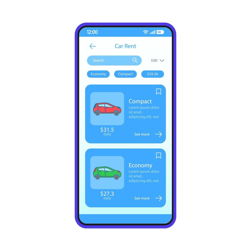 plantilla de vector de interfaz de aplicación de alquiler de coches. interfaz de la aplicación móvil diseño de diseño azul. Aplicación para smartphone de alquiler de automóviles. ui plana. pantalla del teléfono con precios de servicio de carpooling