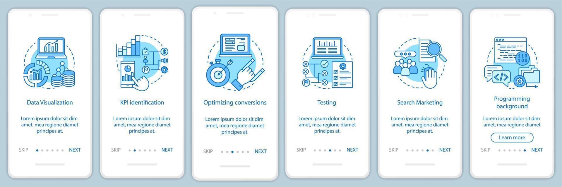 Business metrics courses onboarding mobile app page screen vector template. Marketing and advertising statistics. Walkthrough website steps. Business niche testing. UX, UI, GUI smartphone interface