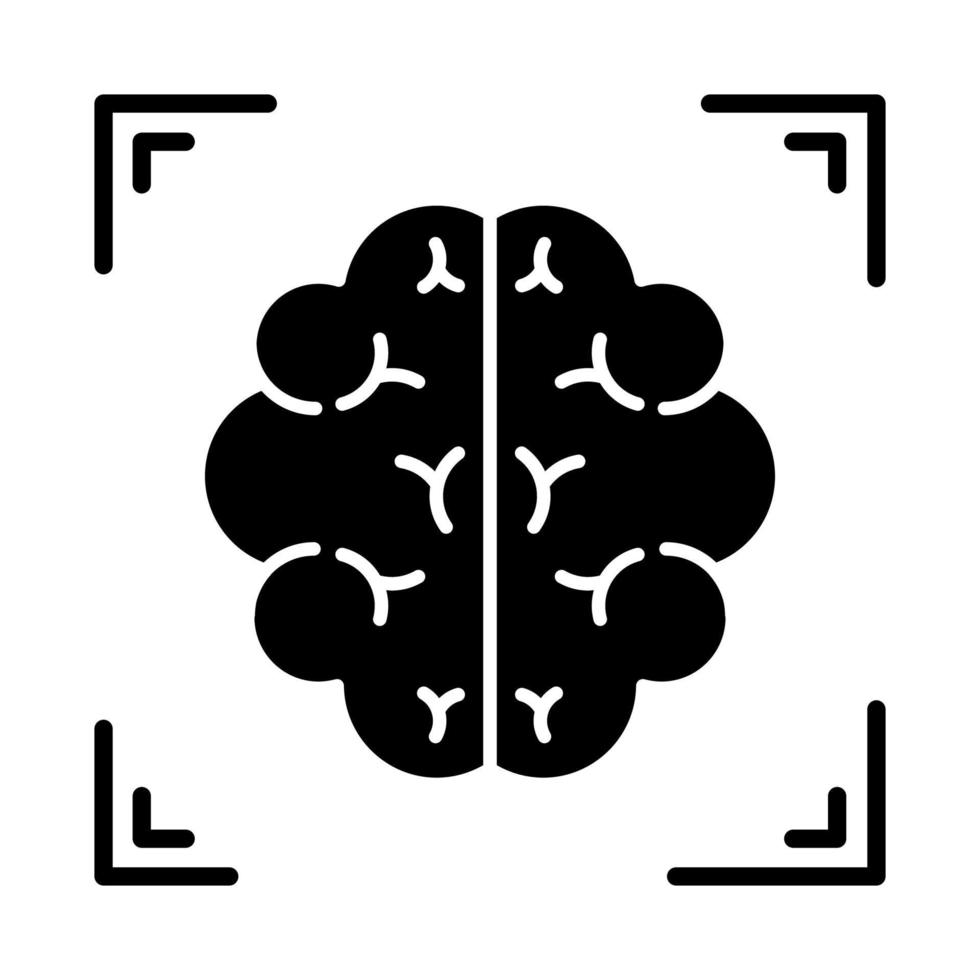 Brain scan glyph icon. Neuroimaging. Nervous system structure analysis. Medical procedure. Hospital examination. Neurology. Silhouette symbol. Negative space. Vector isolated illustration