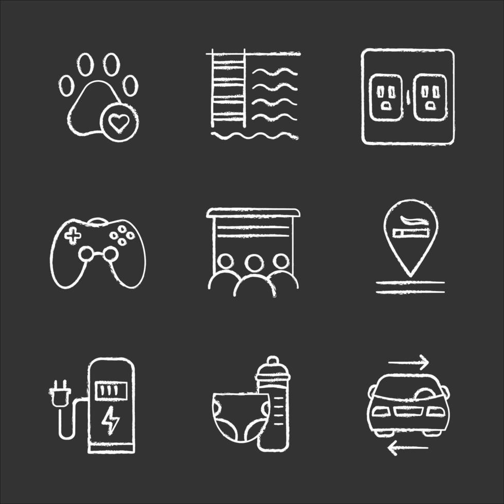 Apartment amenities chalk icons set. Pets allowed, swimming pool, charging outlet, game room, movie theater, smoking allowed, ev charging, nursery, carshare. Isolated vector chalkboard illustrations