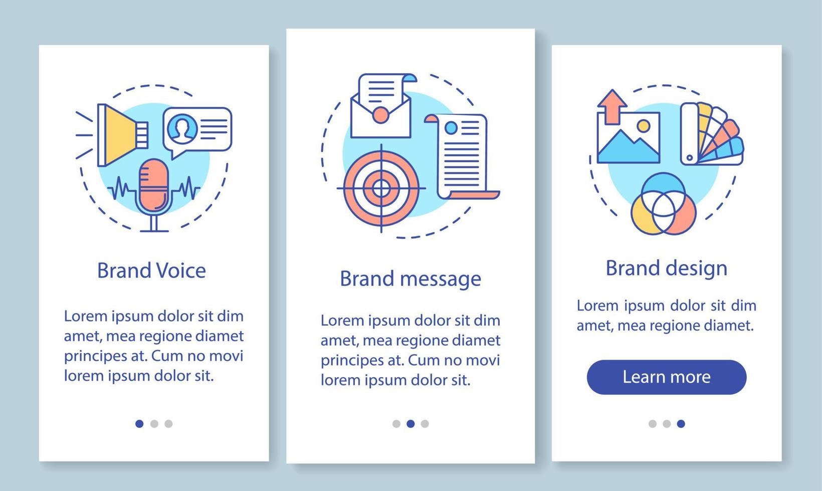 Branding elements onboarding mobile app page screen with linear concepts. Brand voice, message and design. Three walkthrough steps graphic instructions. UX, UI, GUI vector template with illustrations