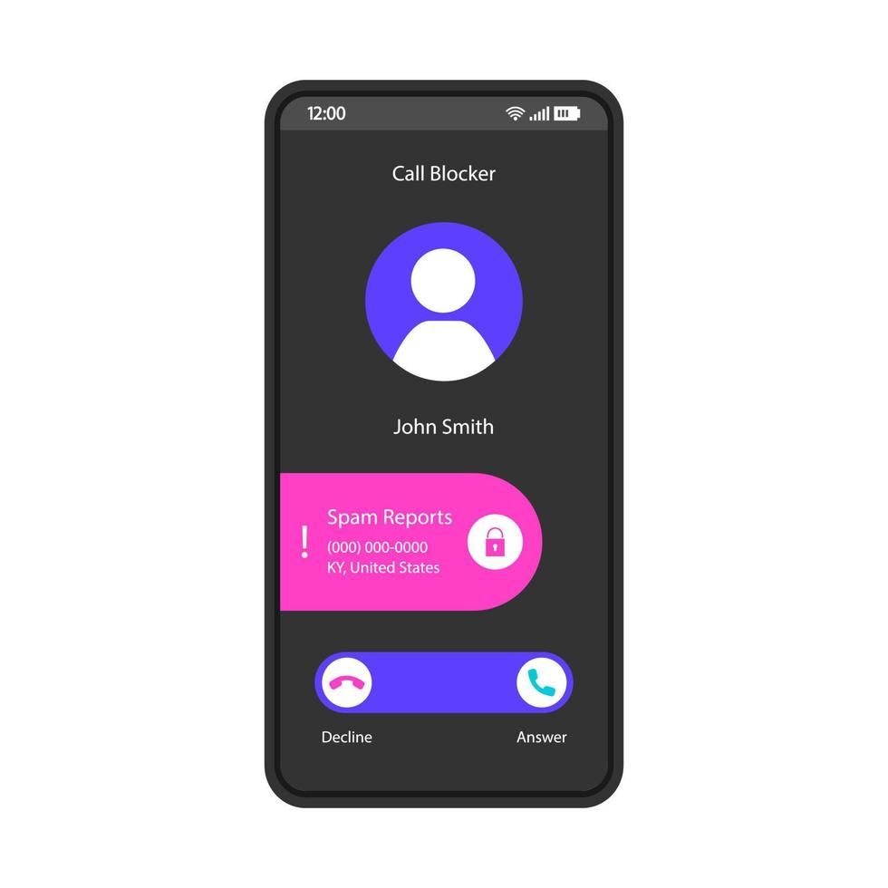 Call blocker smartphone interface vector template. Mobile app page black design layout. Unwanted incoming calls rejecting screen. Flat UI for application. Add to blacklist, spam. Phone display