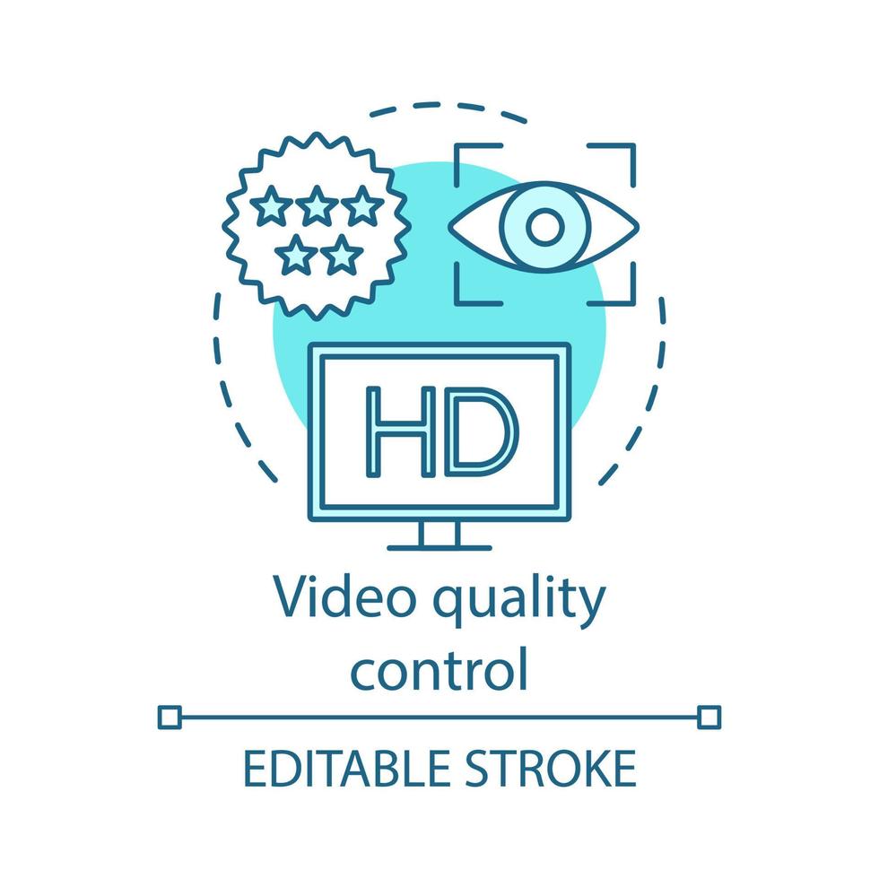 Video quality control concept icon. Film post production idea thin line illustration. Cinematography. Video quality assurance. Media delivery index. Vector isolated outline drawing. Editable stroke