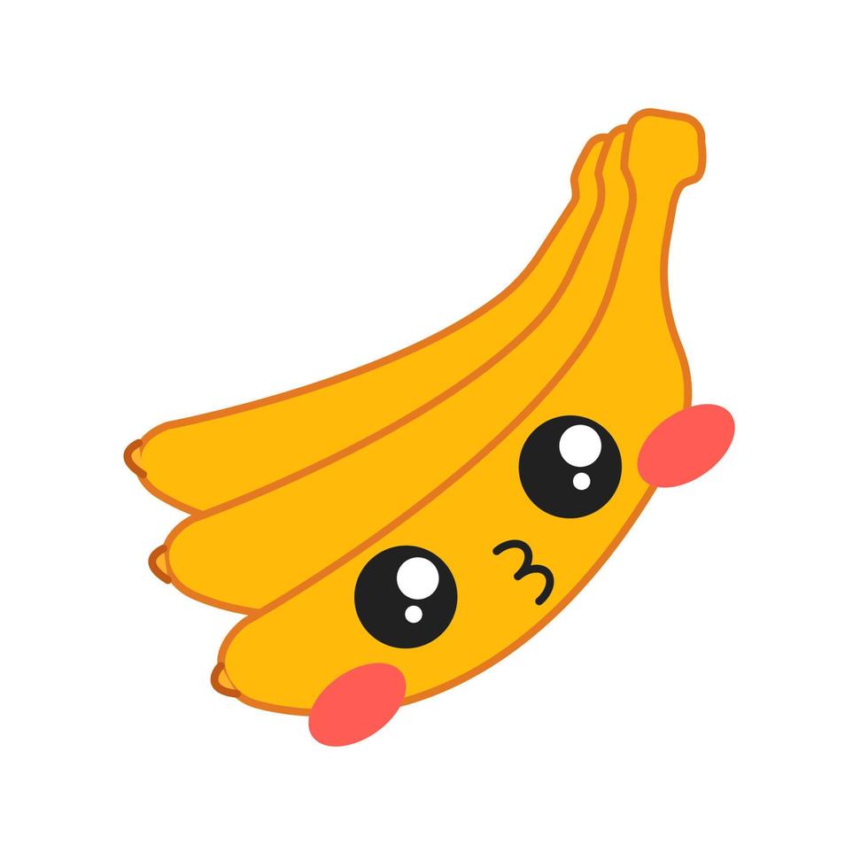 Plátanos lindo personaje de vector kawaii. frutas felices con cara sonriente. comida avergonzada. emoji divertido, emoticon, beso. ilustración de color de dibujos animados aislado