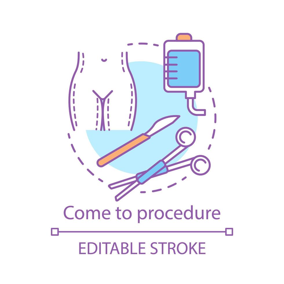 Come to procedure concept icon. Medical care idea thin line illustration. Plastic surgery. Medical instruments. Body contouring operation. Vector isolated outline drawing. Editable stroke