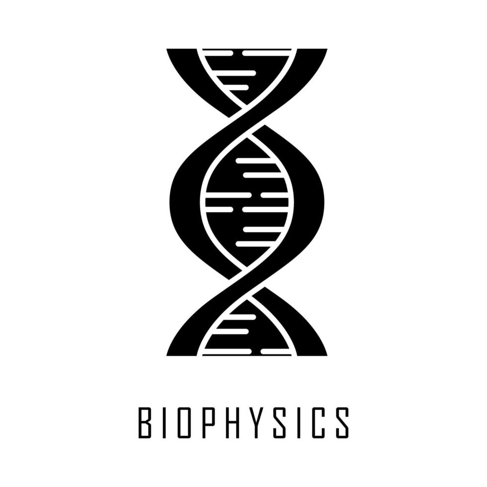 icono de glifo de biofísica. genética. estructura de la molécula de hélice de adn. estudios científicos del genoma. ingeniería biotecnológica, genética. símbolo de silueta. espacio negativo. vector ilustración aislada