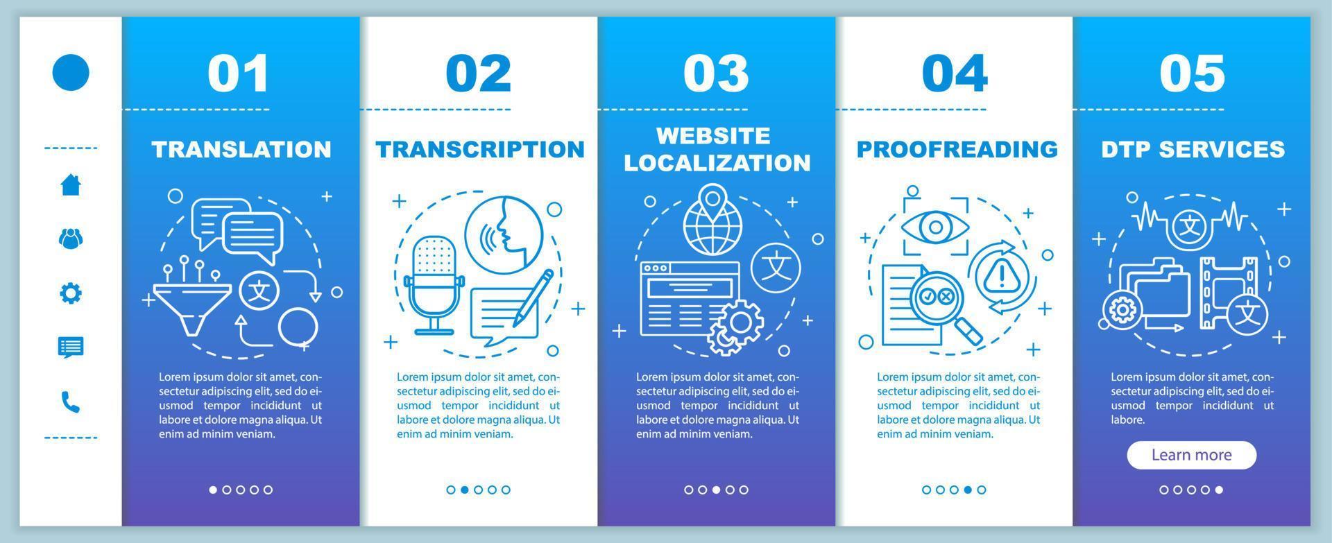Text services onboarding mobile web pages vector template. Translation. Responsive smartphone website interface idea with linear illustrations. Webpage walkthrough step screens. Color concept