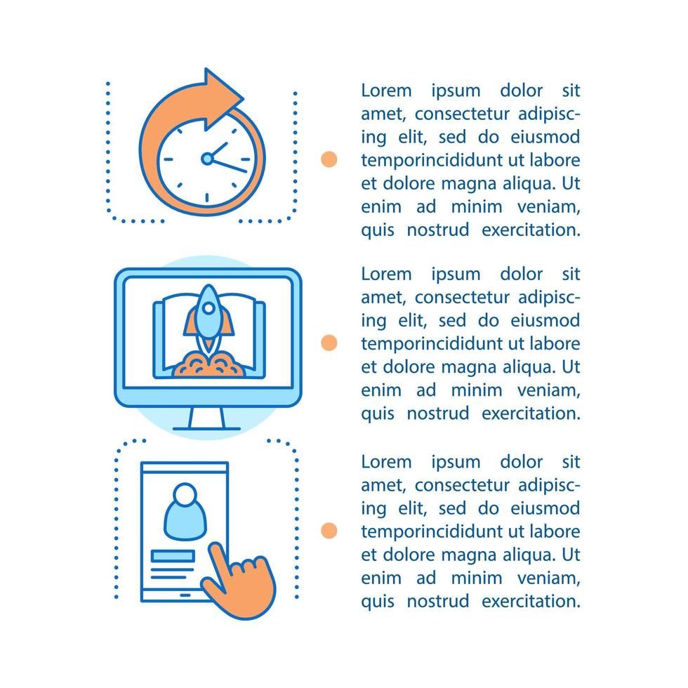 Empiece a aprender la plantilla de vector de página de artículo. gestión del tiempo. folleto, revista, elemento de diseño de folleto con cuadros de texto. crear una cuenta. inscripción. desarrollo de negocios. diseño de concepto de impresión