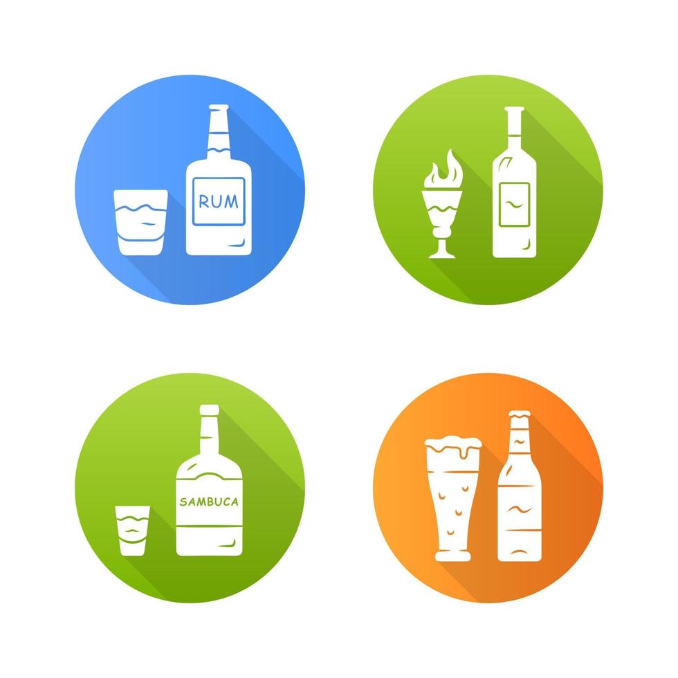 Drinks flat design long shadow glyph icons set. Rum, absinthe, sambuca, beer. Bottles and beverages in glasses. Refreshment alcoholic liquid for party and celebration. Vector silhouette illustration
