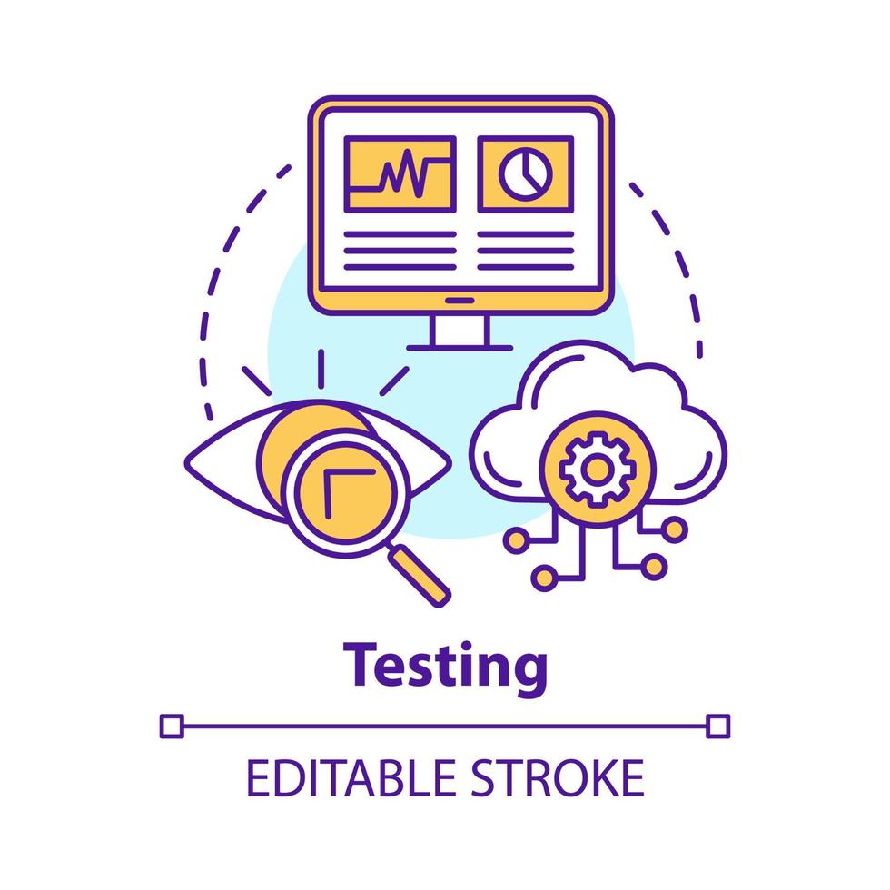Testing concept icon. Search for information on computer and cloud storage. Web analytics. Defects recognizing idea thin line illustration. Vector isolated outline drawing. Editable stroke