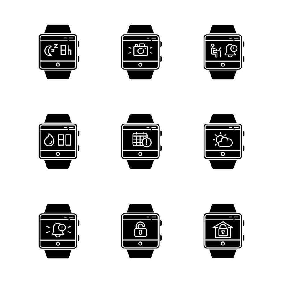 Fitness tracker functions glyph icons set. Wristband smartwatch capabilities. Scheduling events, sleep timer, weather forecast, notifications. Silhouette symbols. Vector isolated illustration
