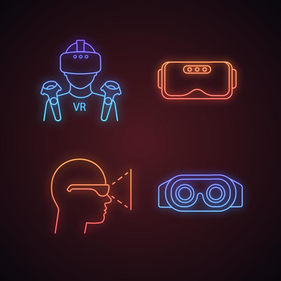 Virtual reality neon light icons set. VR player with mask, wireless controllers, headset inside view, 3D glasses. Glowing signs. Vector isolated illustrations