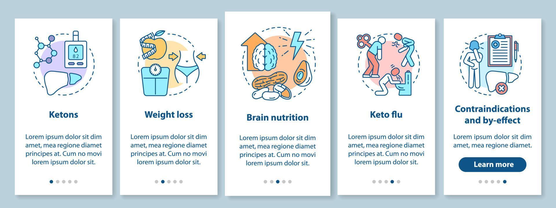 Keto diets onboarding mobile app page screen with linear concepts. Ketogenic eating and healthy nutrition walkthrough steps graphic instructions. UX, UI, GUI vector template with illustrations