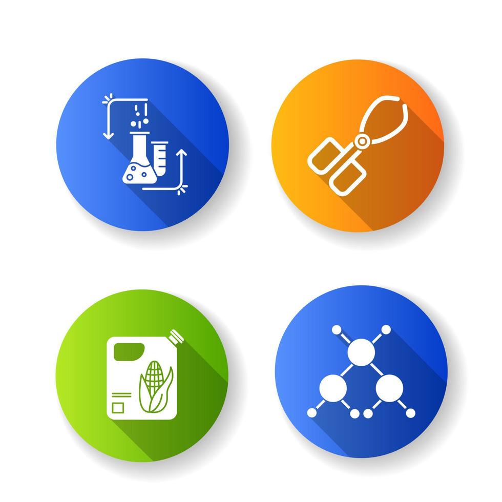 Conjunto de iconos de glifo de larga sombra de diseño plano de desarrollo científico. equipos de biotecnología. metodología del experimento. trabajando en laboratorio. investigación en química orgánica. ilustración de silueta de vector