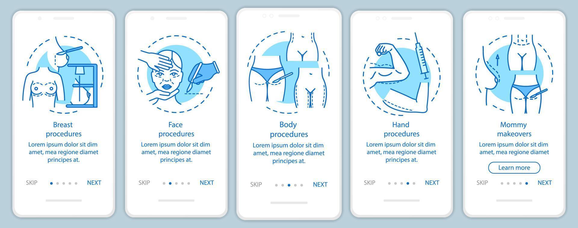 Plastic surgery center procedures onboarding mobile app page screen with linear concepts. Five walkthrough steps graphic instructions. Body procedures. UX, UI, GUI vector template with illustrations