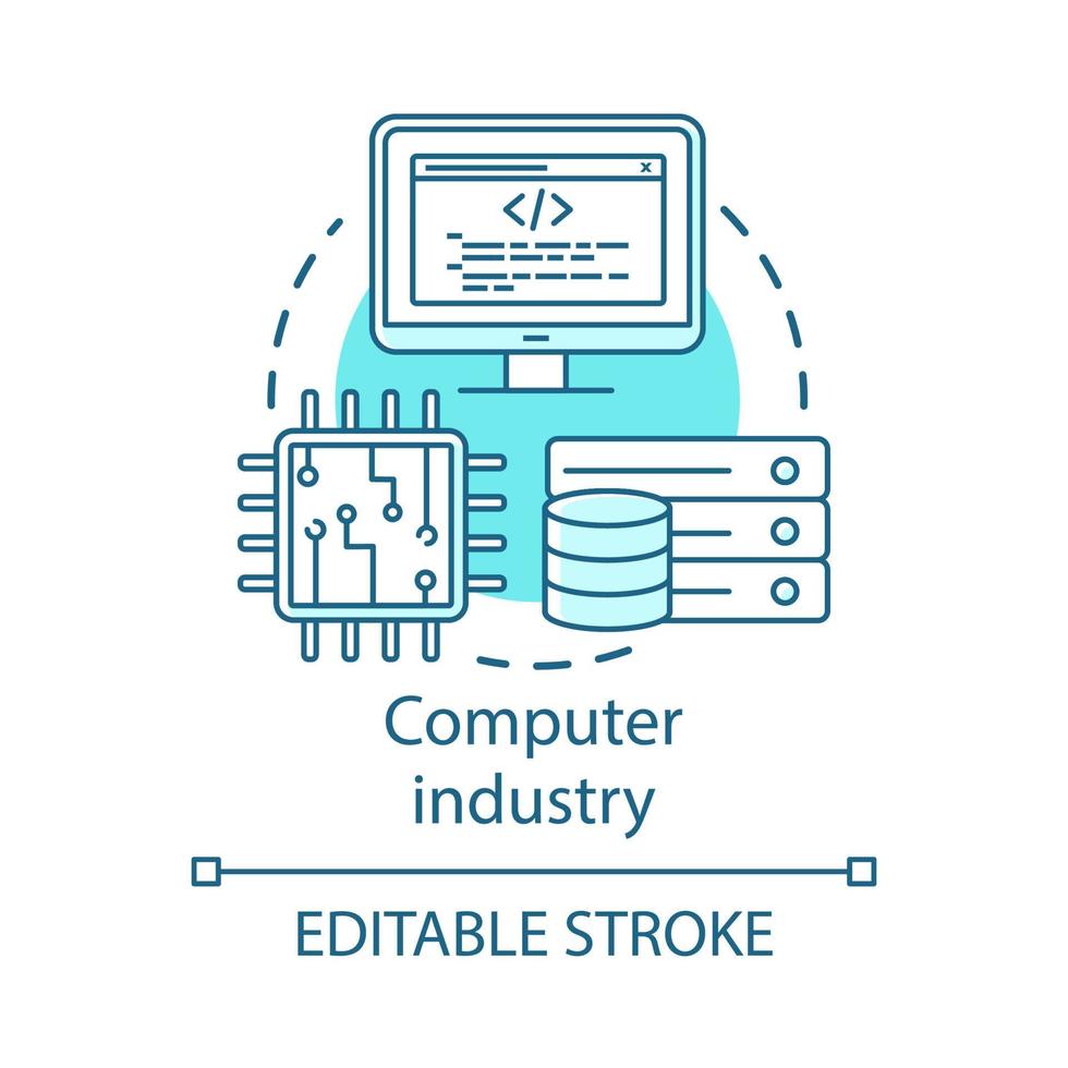 Computer industry concept icon. Hardware, software development. Programming. Data server, CPU. Information technology idea thin line illustration. Vector isolated outline drawing. Editable stroke