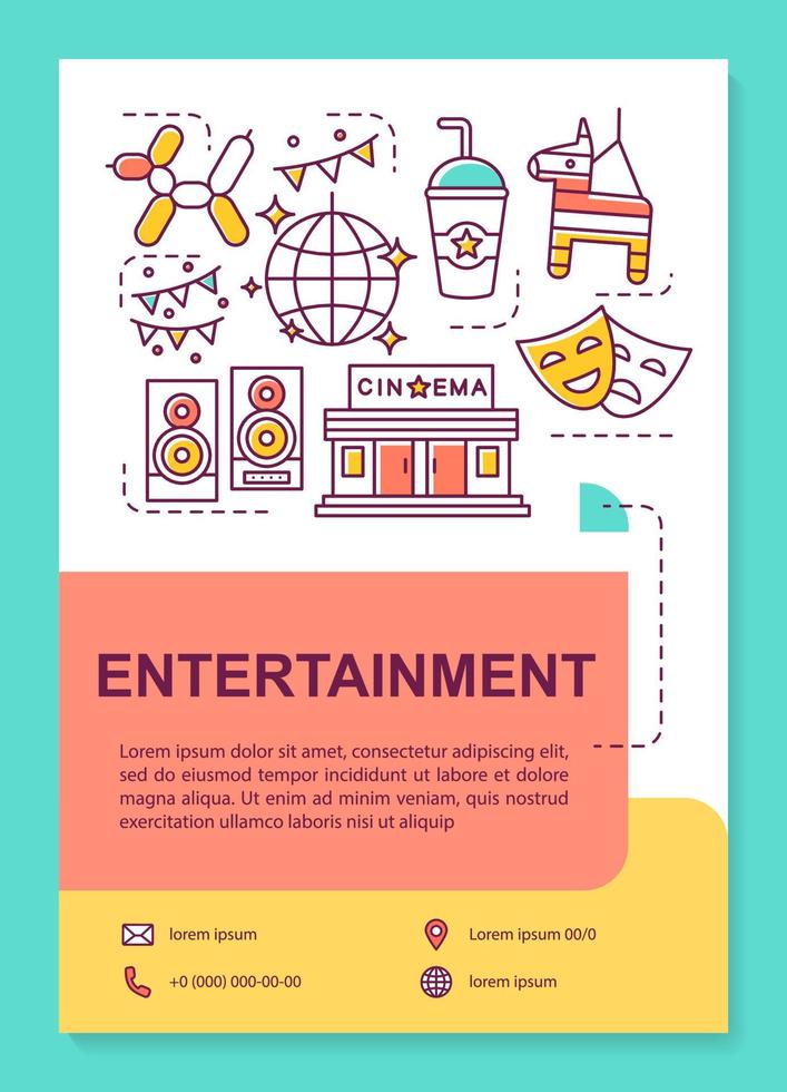 Entertainment industry poster template layout. Cinema, music and events. Banner, booklet, leaflet print design with linear icons. Vector brochure page layouts for magazines, advertising flyers