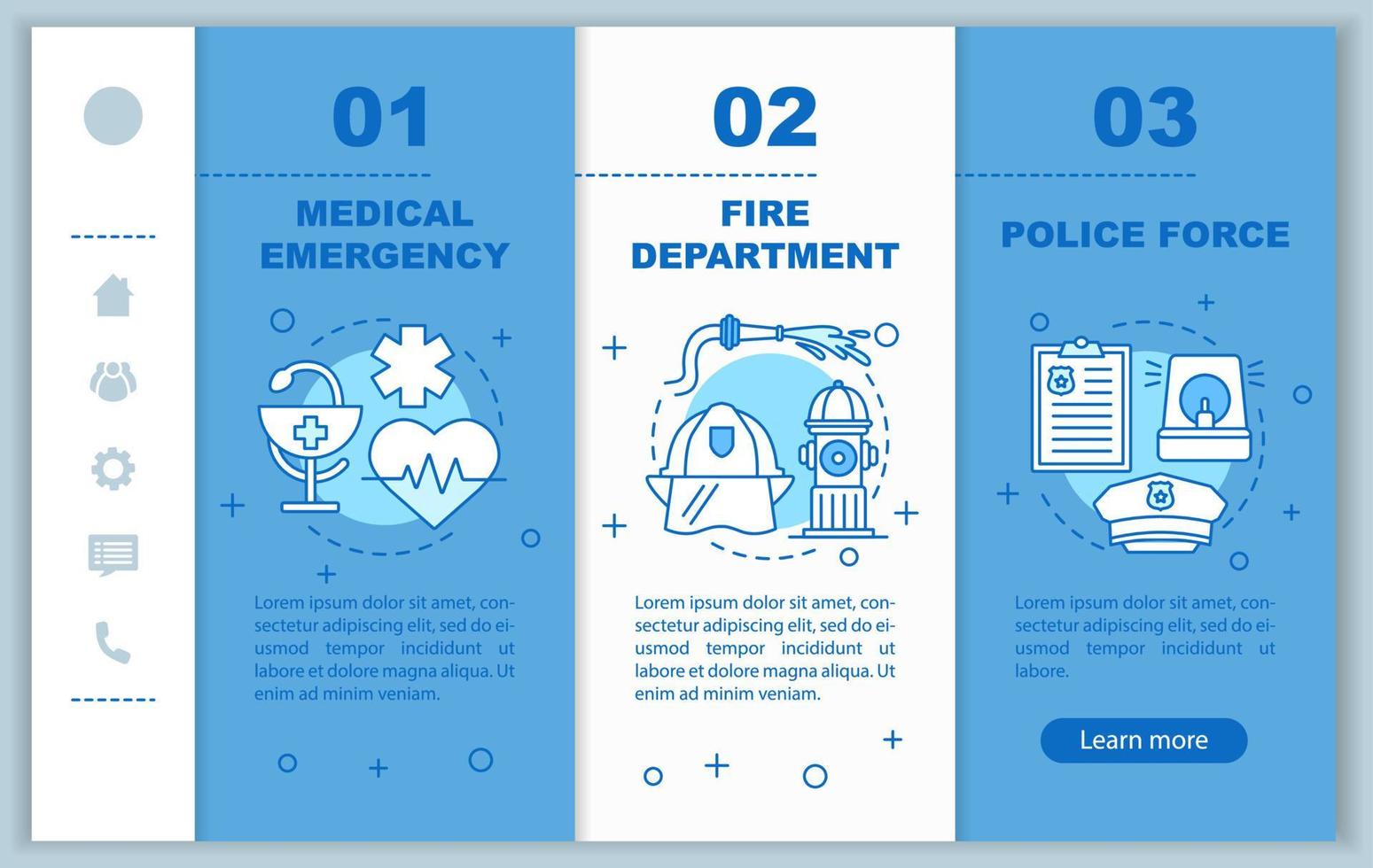 Rescue services app page screen vector template. Emergency services. Police, fire department, medical emergency walkthrough website with linear illustrations. UX,UI, GUI smartphone interface concept