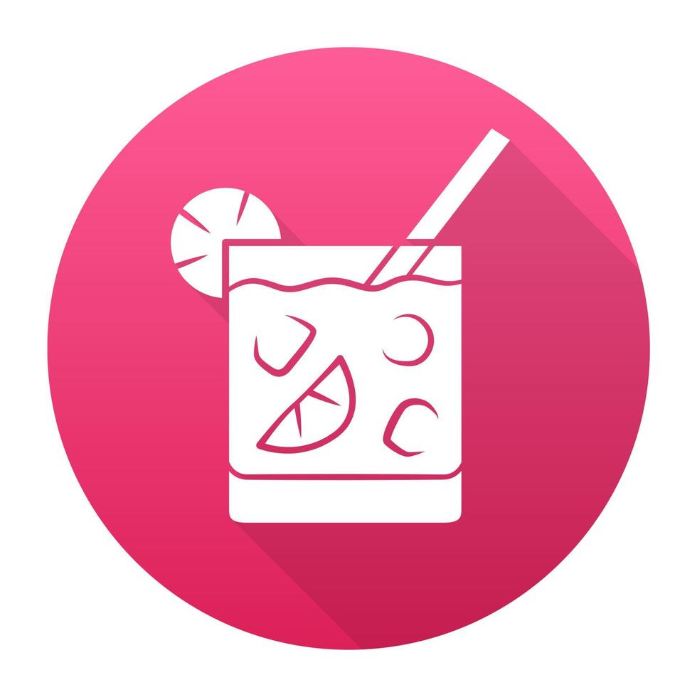 Cocktail in lowball glass red flat design long shadow glyph icon. Alcohol cold drink in old fashioned tumbler. Mixed beverage with ice, slice of citrus and straw. Vector silhouette illustration