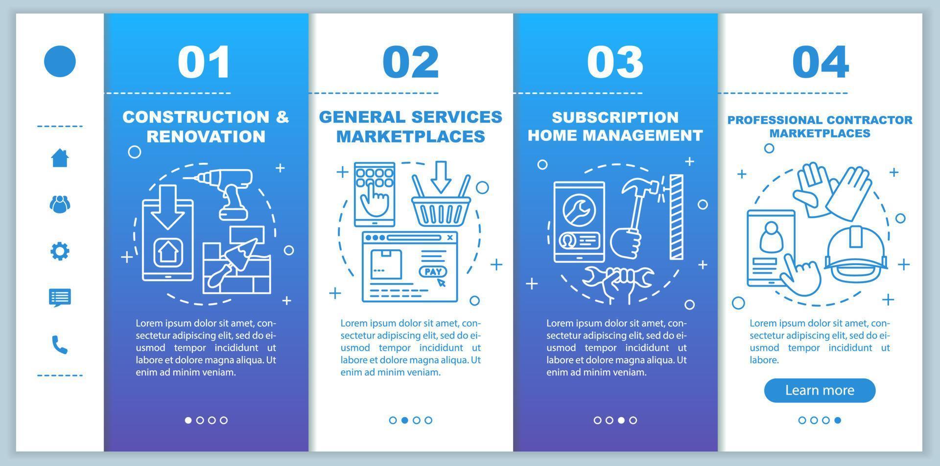 onboarding economía de demanda plantilla de vector de páginas web móviles. Idea de interfaz de sitio web de teléfono inteligente sensible con ilustraciones lineales. pantallas de pasos del tutorial de la página web del mercado. concepto de color