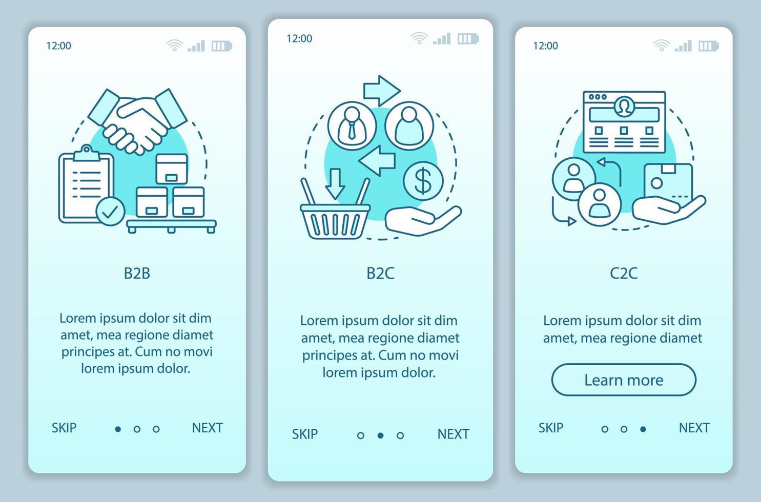 Business models onboarding mobile app page screen vector template. B2B, B2C, C2C. walkthrough website steps with linear illustrations. Marketing campaign. UX, UI, GUI smartphone interface concept