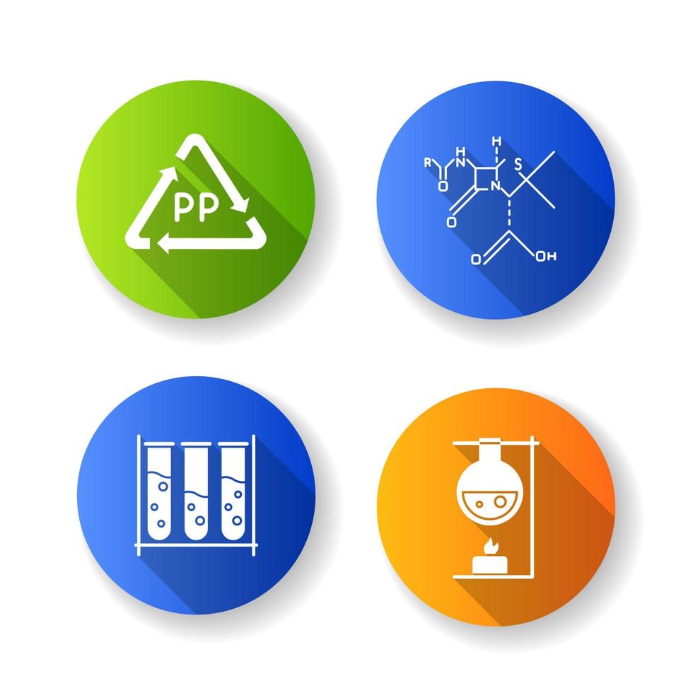 Conjunto de iconos de glifo de larga sombra de diseño plano de ciencia y naturaleza. productos biotecnológicos. reciclaje de materiales. científicos de microbiología. química Orgánica. ilustración de silueta de vector