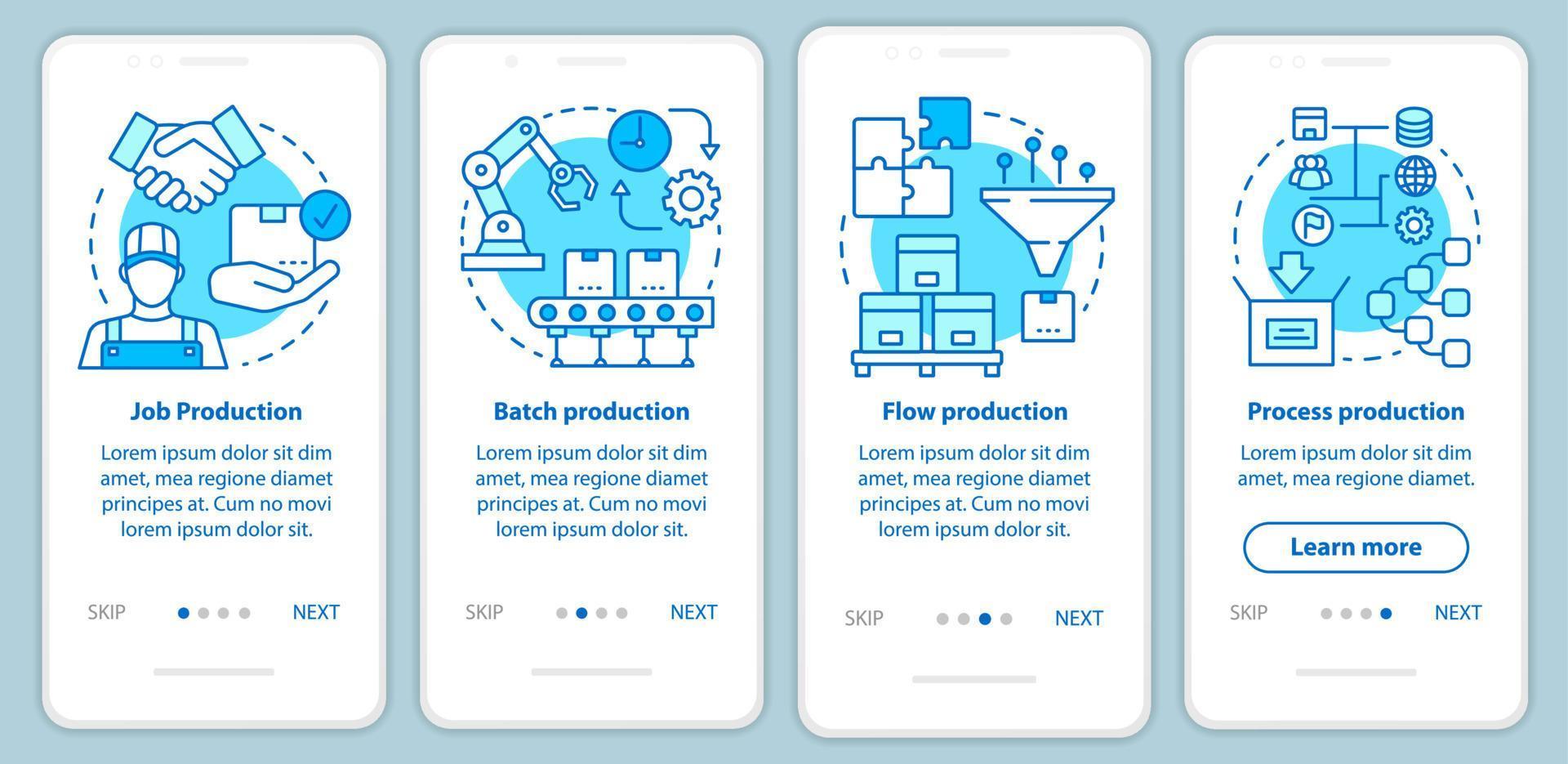 Manufacturing method blue onboarding mobile app page screen with linear concepts. Job, batch, process production walkthrough steps graphic instructions. UX, UI, GUI vector template with illustrations