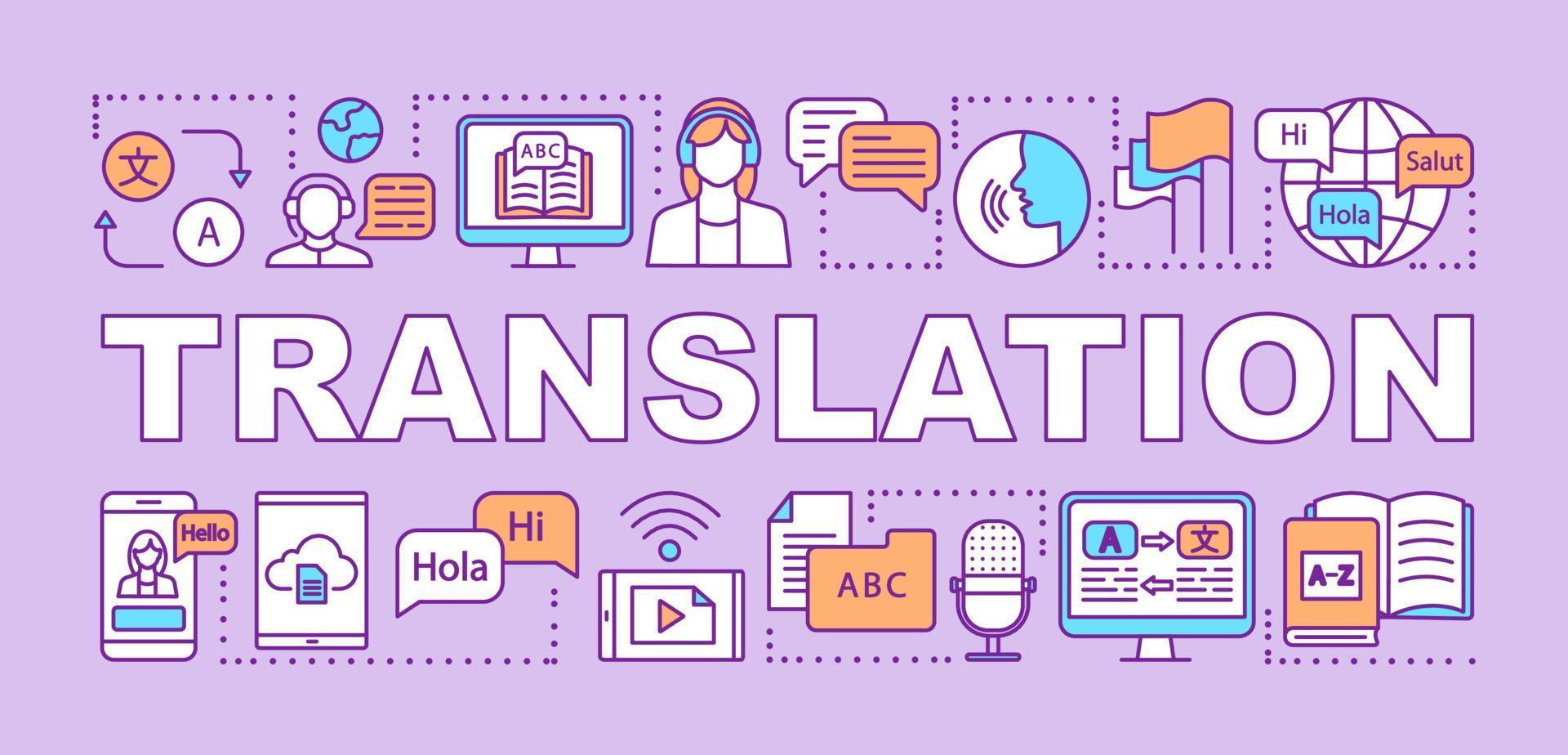 banner de conceptos de palabra de traducción. interpretación de lengua extranjera. traductor online. presentación, sitio web. idea de tipografía de letras aisladas con iconos lineales. ilustración de contorno vectorial vector