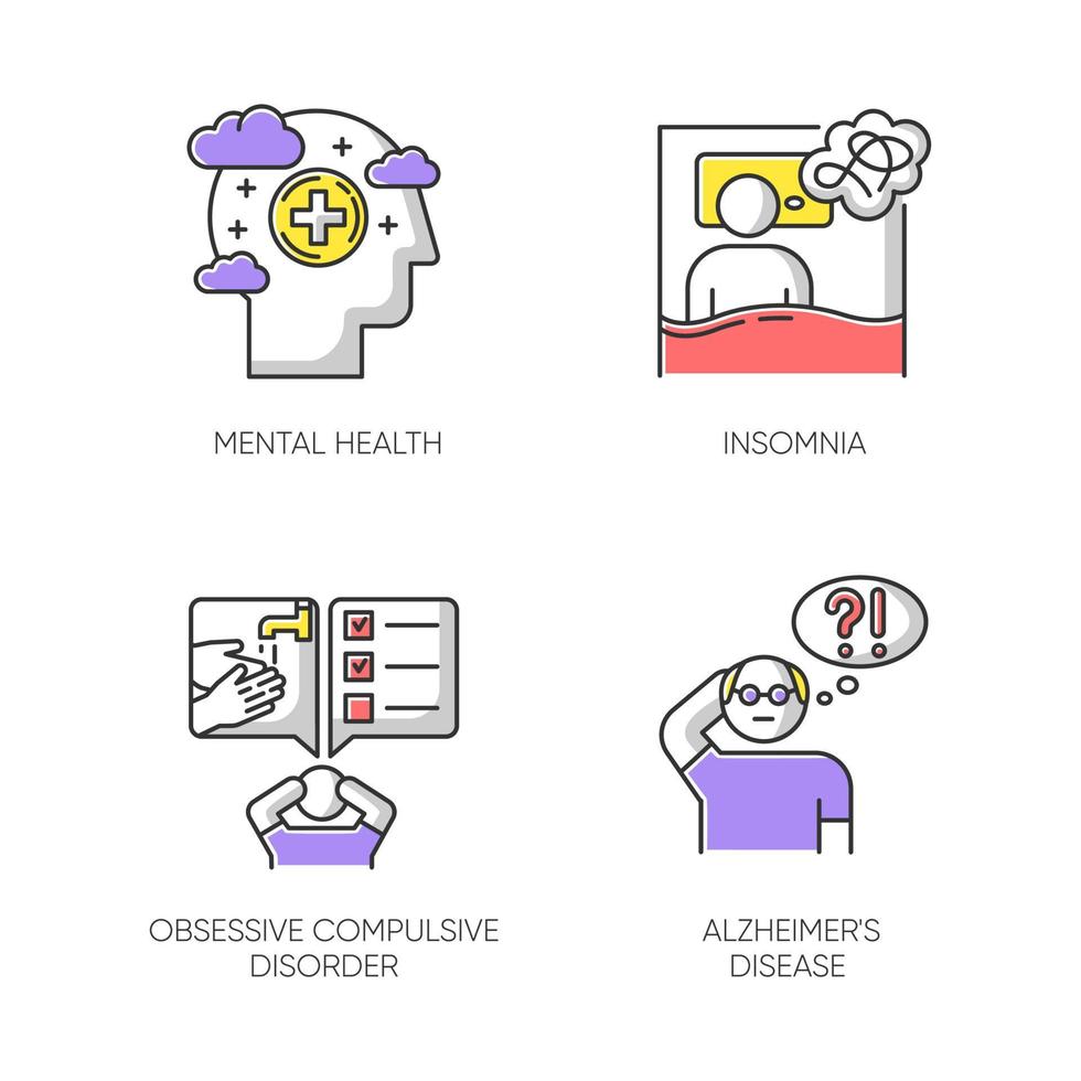 Mental disorder color icons set. Insomnia and sleep deprivation. Obsessive-compulsive syndrome. Alzheimer's disease. Dementia from old age. Psychological health. Isolated vector illustrations