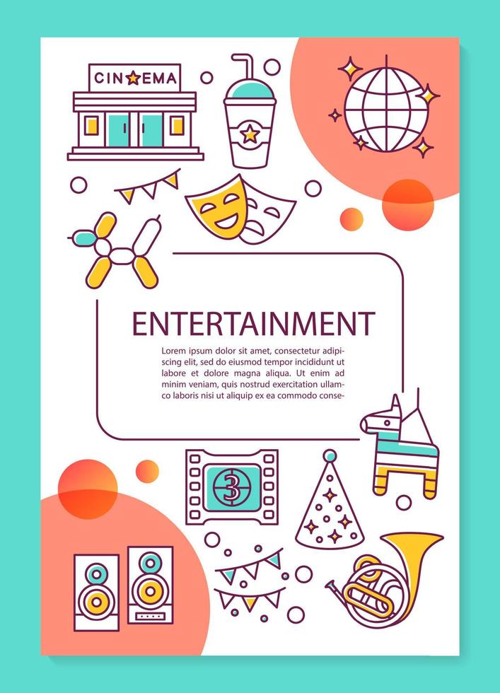 diseño de plantilla de póster de la industria del entretenimiento. cine, musica y eventos. banner, folleto, diseño de impresión de folletos con iconos lineales. diseños de páginas de folletos vectoriales para revistas, folletos publicitarios vector