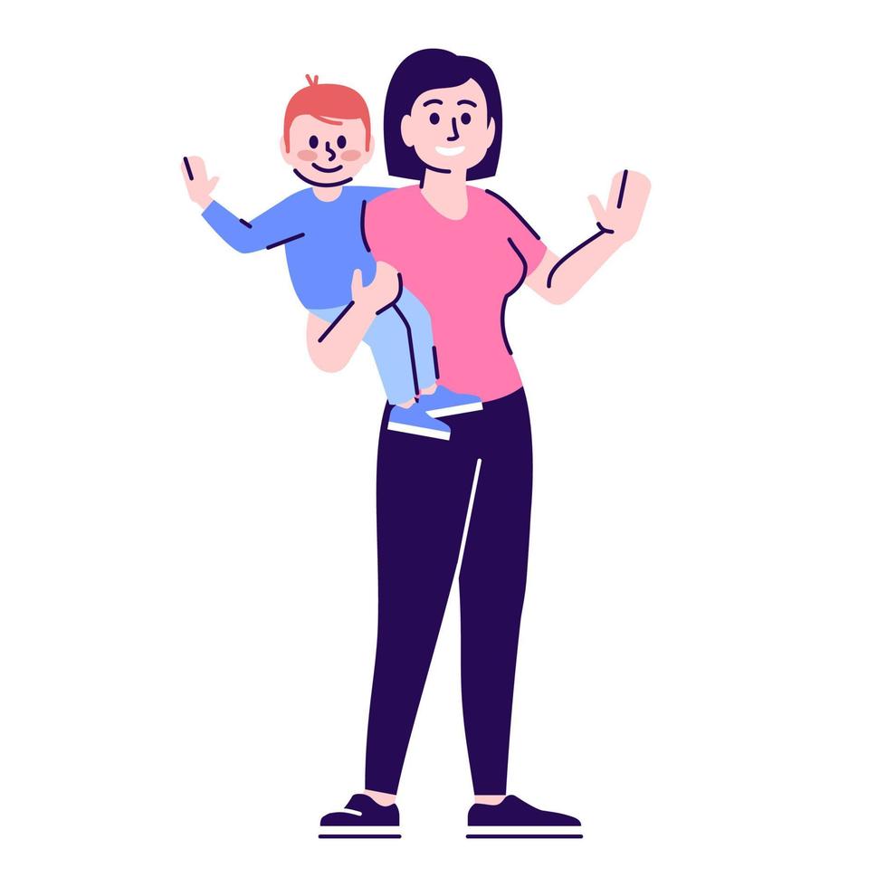 Nanny flat vector character. Babysitter, kindergarten educator cartoon illustration. Young mother with toddler son isolated on white background. Mum, mommy. Childcare service worker holding baby