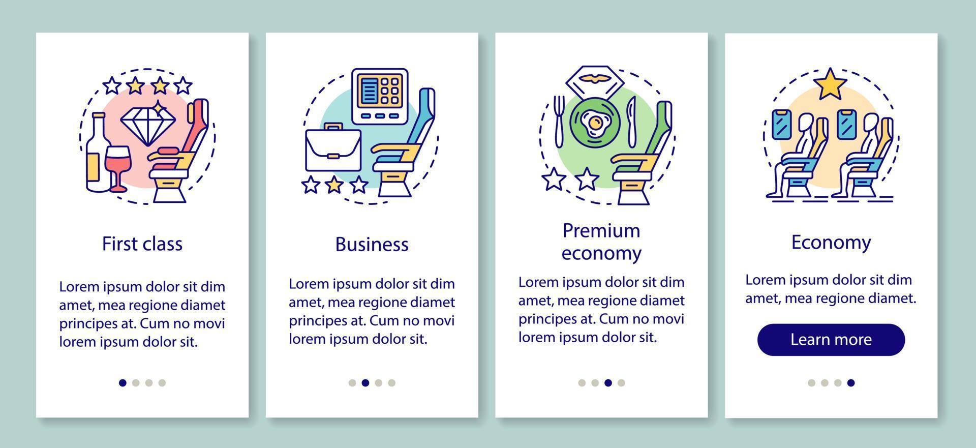 Asientos de clase de viaje de aerolínea incorporando la pantalla de la página de la aplicación móvil con conceptos lineales. asientos de clase económica, clase ejecutiva, pasos paso a paso, instrucciones gráficas. ux, ui, plantilla de vector de interfaz gráfica de usuario con iconos