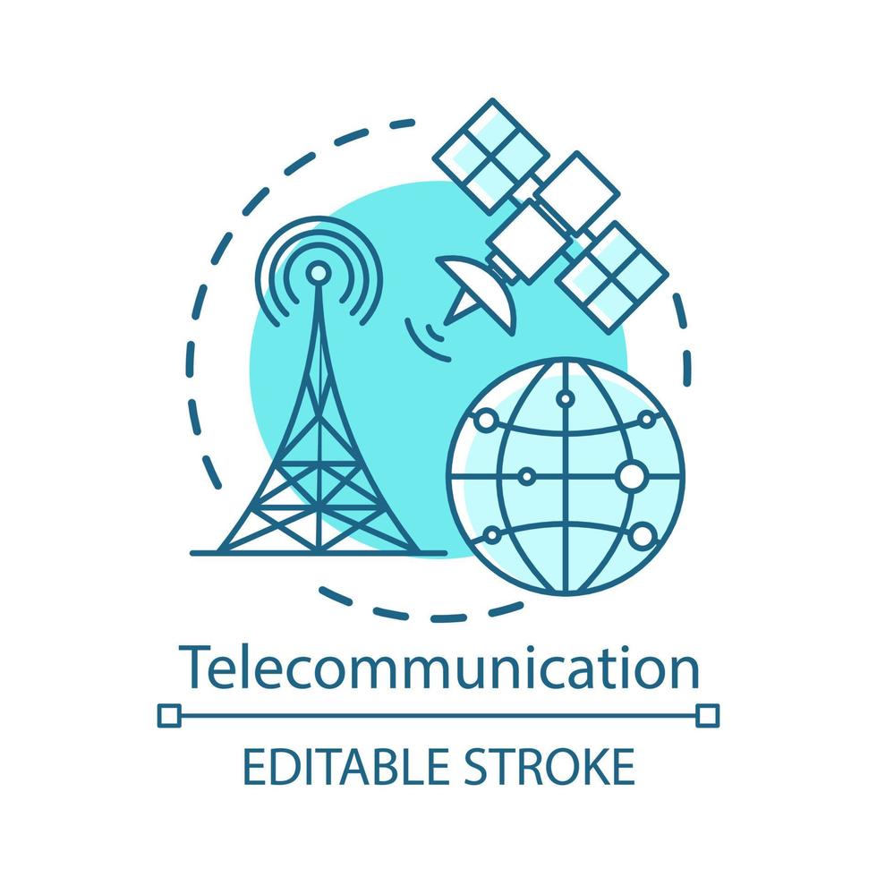 Telecommunication concept icon. Overall wireless network. Satellite connection. Global communication system idea thin line illustration. Vector isolated outline drawing. Editable stroke