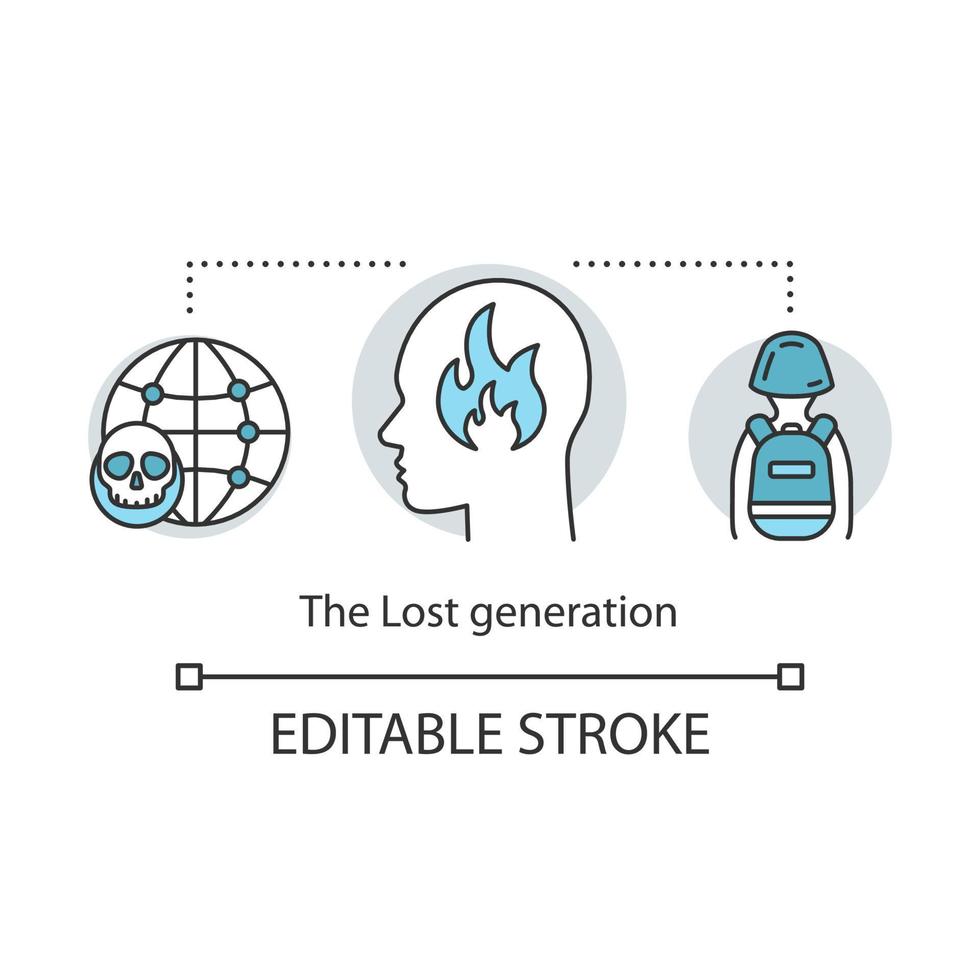 The Lost generation concept icon. Post-traumatic stress disorder. PTSD. Warfare, terrorism. Vietnamese syndrome idea thin line illustration. Vector isolated outline drawing. Editable stroke