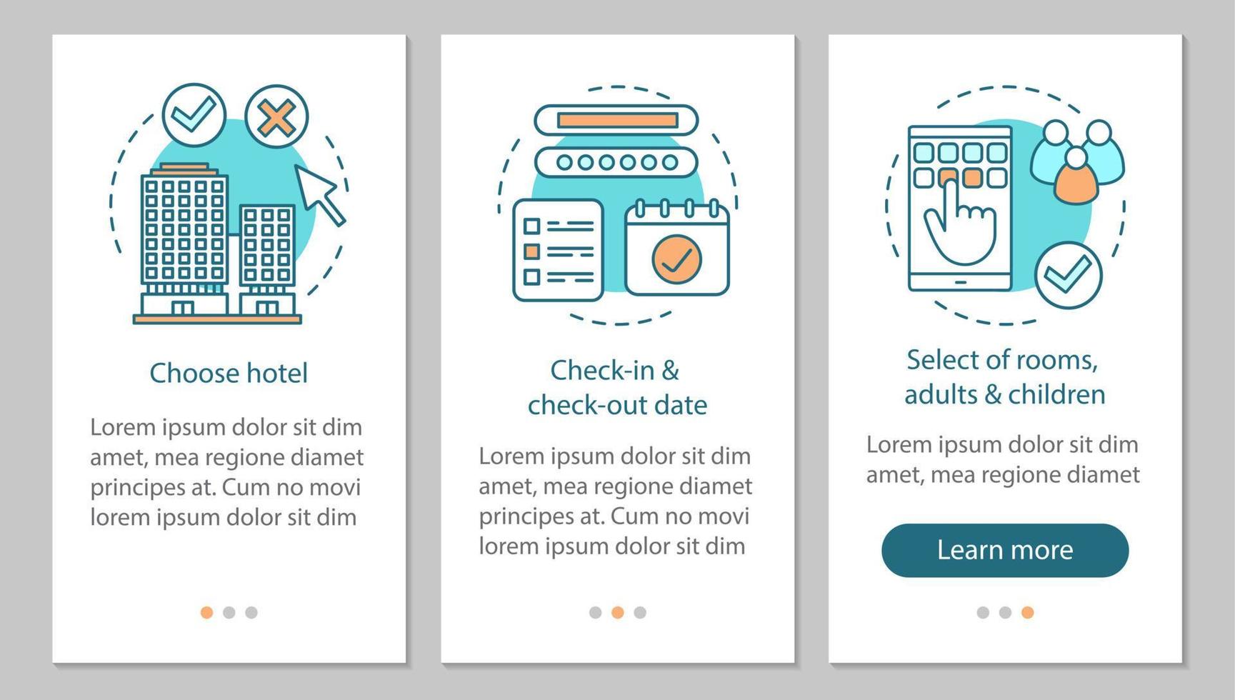Book hotel onboarding mobile app page screen with linear concepts. Choose hotel, check-in, check-out, take room walkthrough steps graphic instructions. UX, UI, GUI vector template with icons