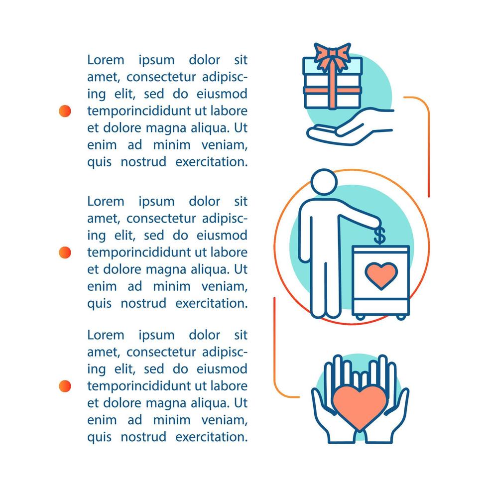 Charity article page vector template. Volunteering. Donating. Brochure, magazine, booklet design element with linear icons and text boxes. Print design. Concept illustrations with text space