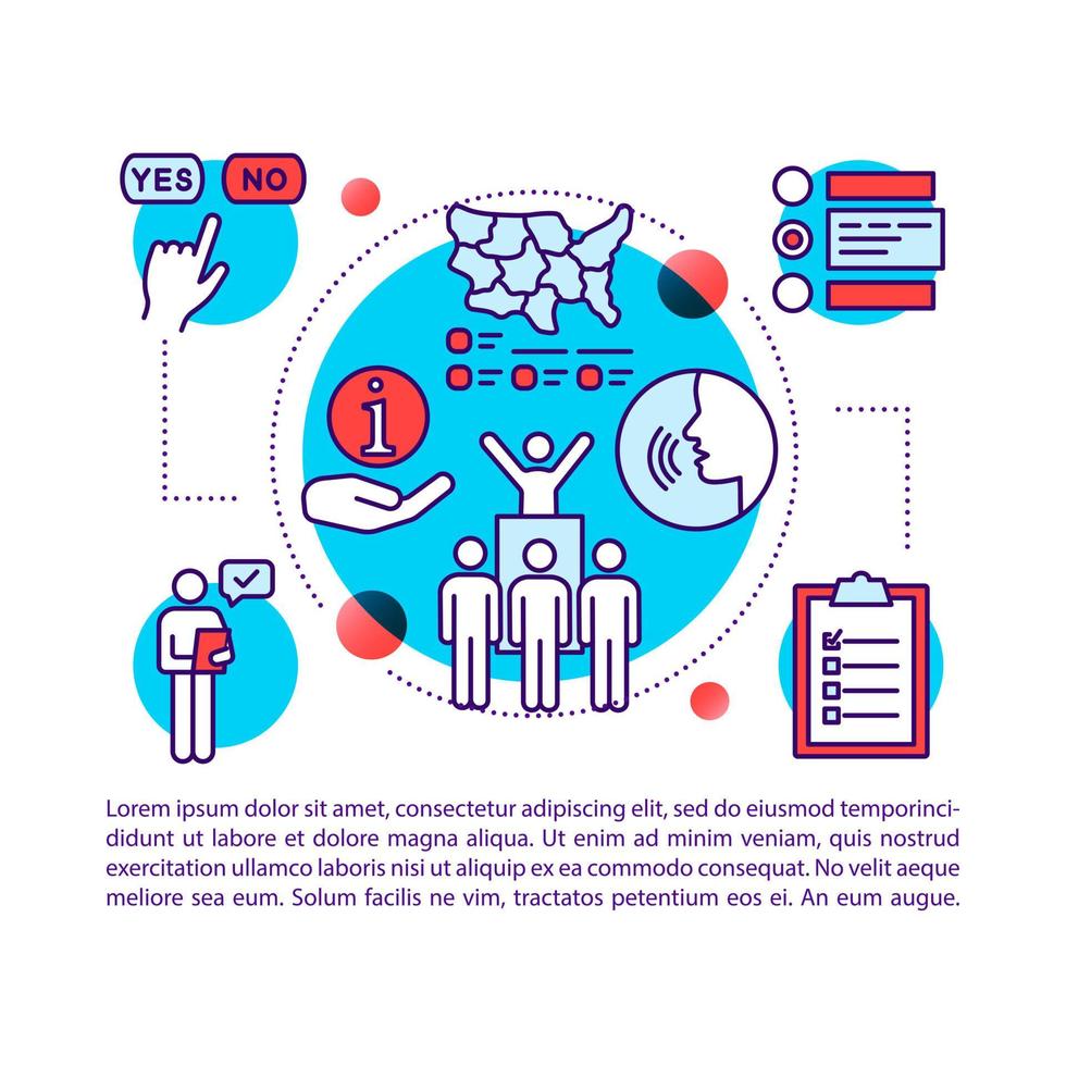 Elections article page vector template. Referendum. National convention. Brochure, magazine, booklet design element with linear icons and text. Print design. Concept illustrations with text space