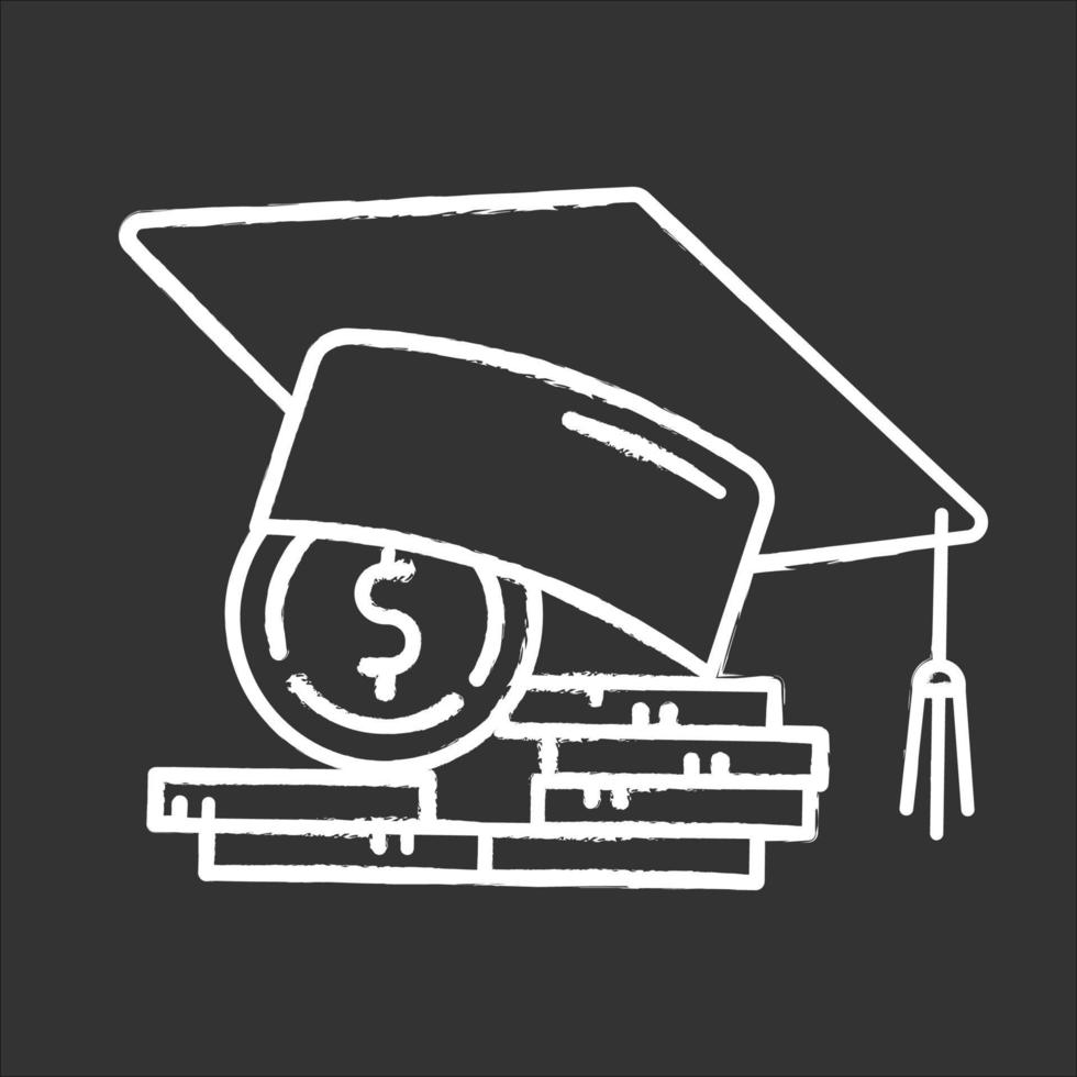 icono de tiza de préstamo estudiantil. crédito para pagar la educación universitaria. tasa de matrícula. beca universitaria. sombrero de graduacion. Inversión presupuestaria. logro académico. ilustración de pizarra de vector aislado