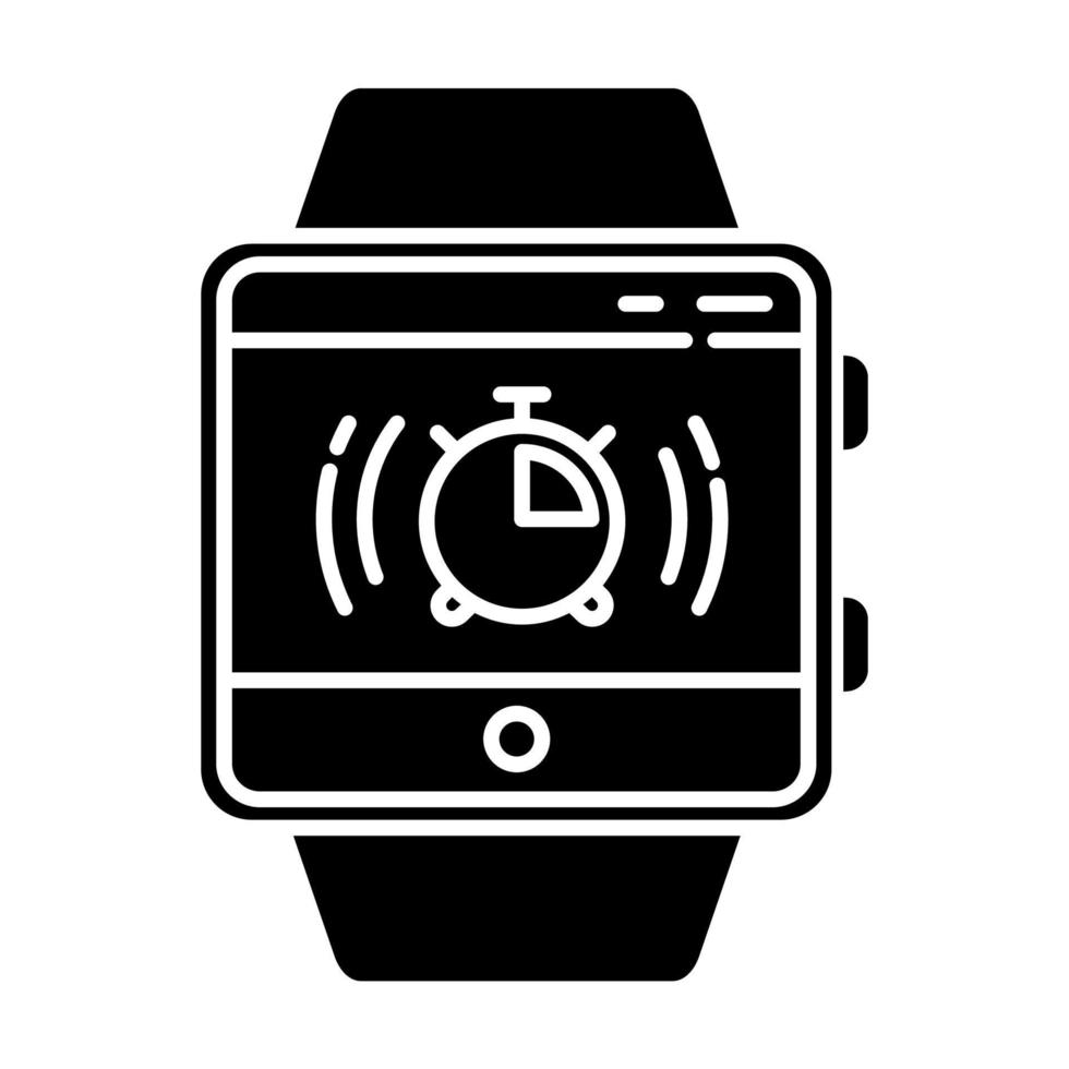 cronómetro fitness tracker función glifo icono. símbolo de silueta. capacidad de pulsera de reloj inteligente, temporizador, cuenta atrás. medición de milisegundos. espacio negativo. vector ilustración aislada