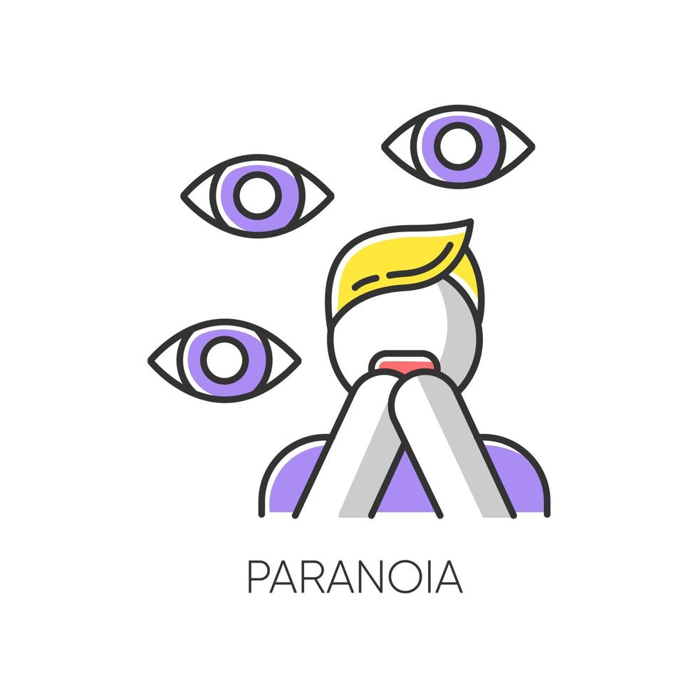 icono de color de paranoia. ataque de pánico. persona asustada. miedo y fobia. hombre aterrorizado. conspiración y desconfianza. estrés y ansiedad. engaño e irracionalidad. trastorno mental. ilustración vectorial aislada vector