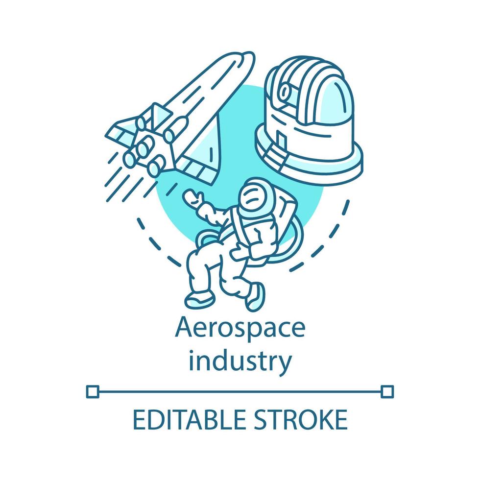 Aerospace industry concept icon. Space exploration. Spacecraft, cosmonaut, observatory. Cosmos exploring. Astronautics idea thin line illustration. Vector isolated outline drawing. Editable stroke