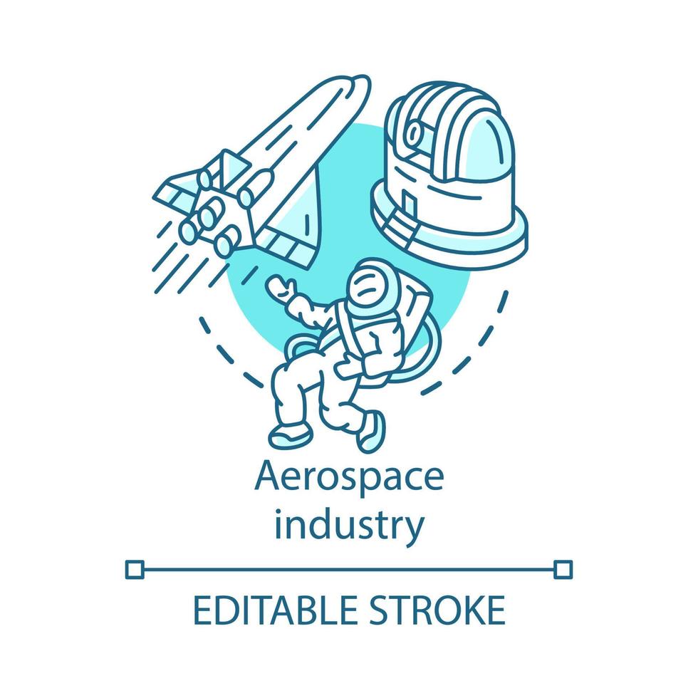 icono del concepto de la industria aeroespacial. exploración espacial. nave espacial, cosmonauta, observatorio. exploración del cosmos. Ilustración de línea fina de idea de astronáutica. dibujo de contorno aislado vectorial. trazo editable vector