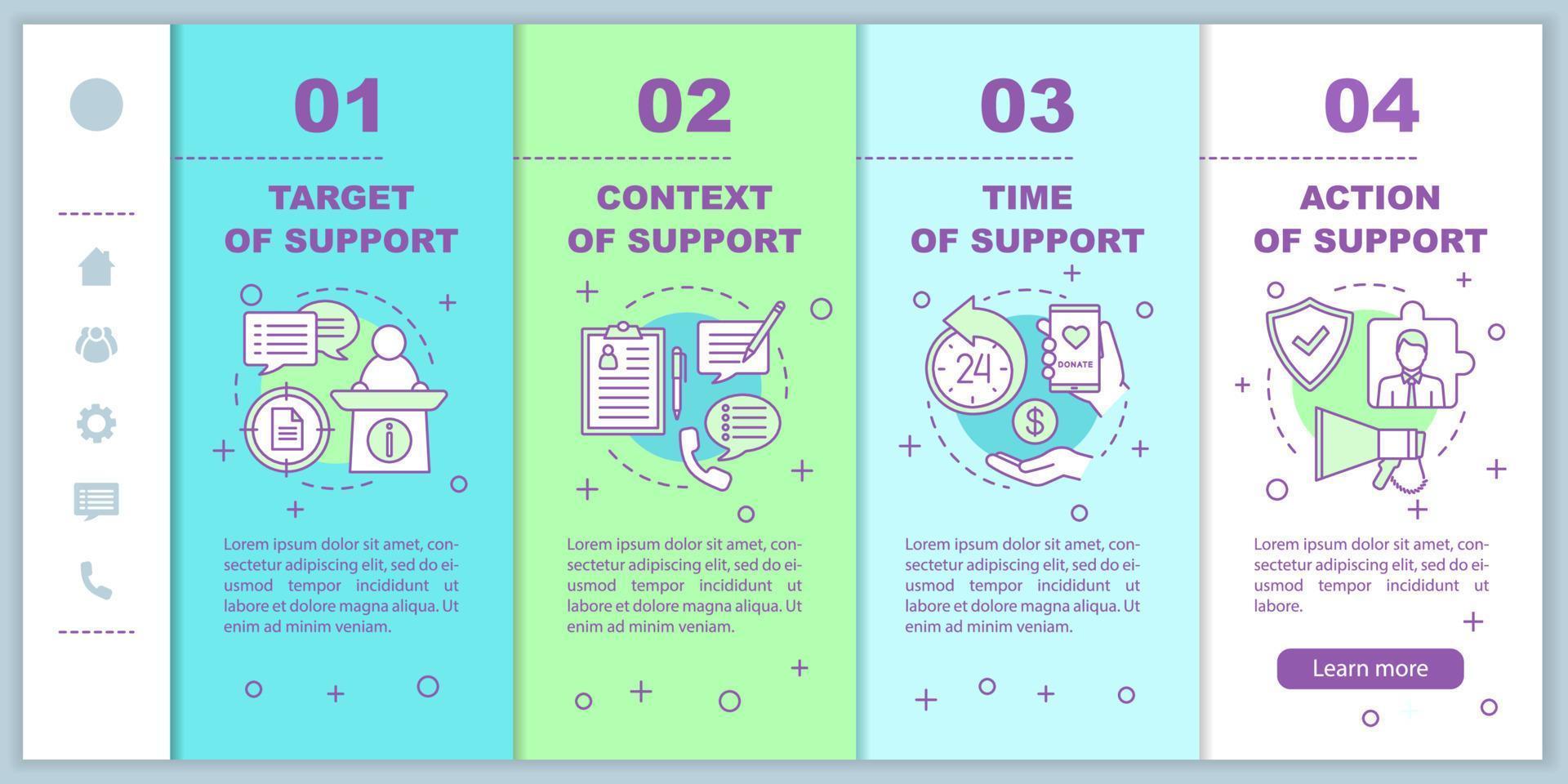 Corporate social responsibility onboarding mobile web pages vector template. Target, time, action of support. Responsive smartphone website interface. Webpage walkthrough step screens. Color concept