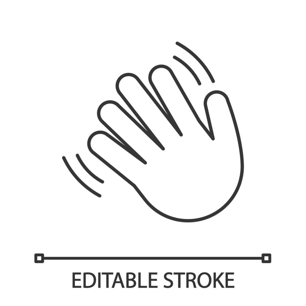 Waving hand gesture emoji linear icon. Thin line illustration. Hello, hi, bye, goodbye hand gesturing. Greeting palm. Contour symbol. Vector isolated outline drawing. Editable stroke