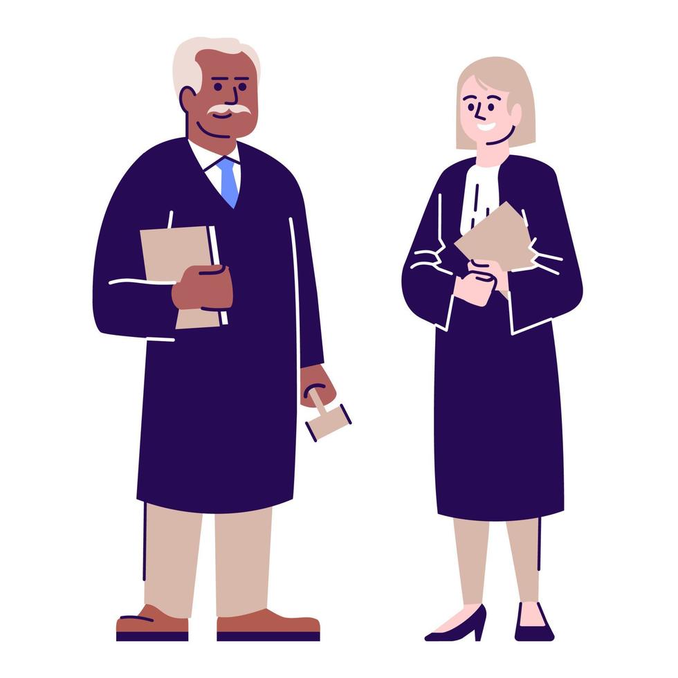 Jueces personajes vectoriales planos. pareja de abogados, abogado ilustración de dibujos animados con contorno. asesores jurídicos, magistrados. Asesores legales de mujer y hombre, trabajadores judiciales aislados sobre fondo blanco. vector