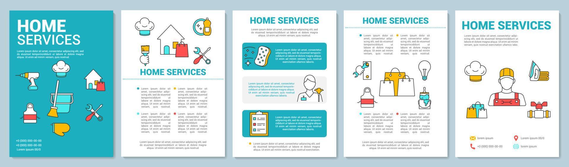 Diseño de plantilla de folleto de servicios para el hogar. personal de mantenimiento. folleto, folleto, diseño de impresión de folletos con ilustraciones lineales. limpieza del apartamento. diseños de páginas vectoriales para revistas, informes anuales, carteles publicitarios vector